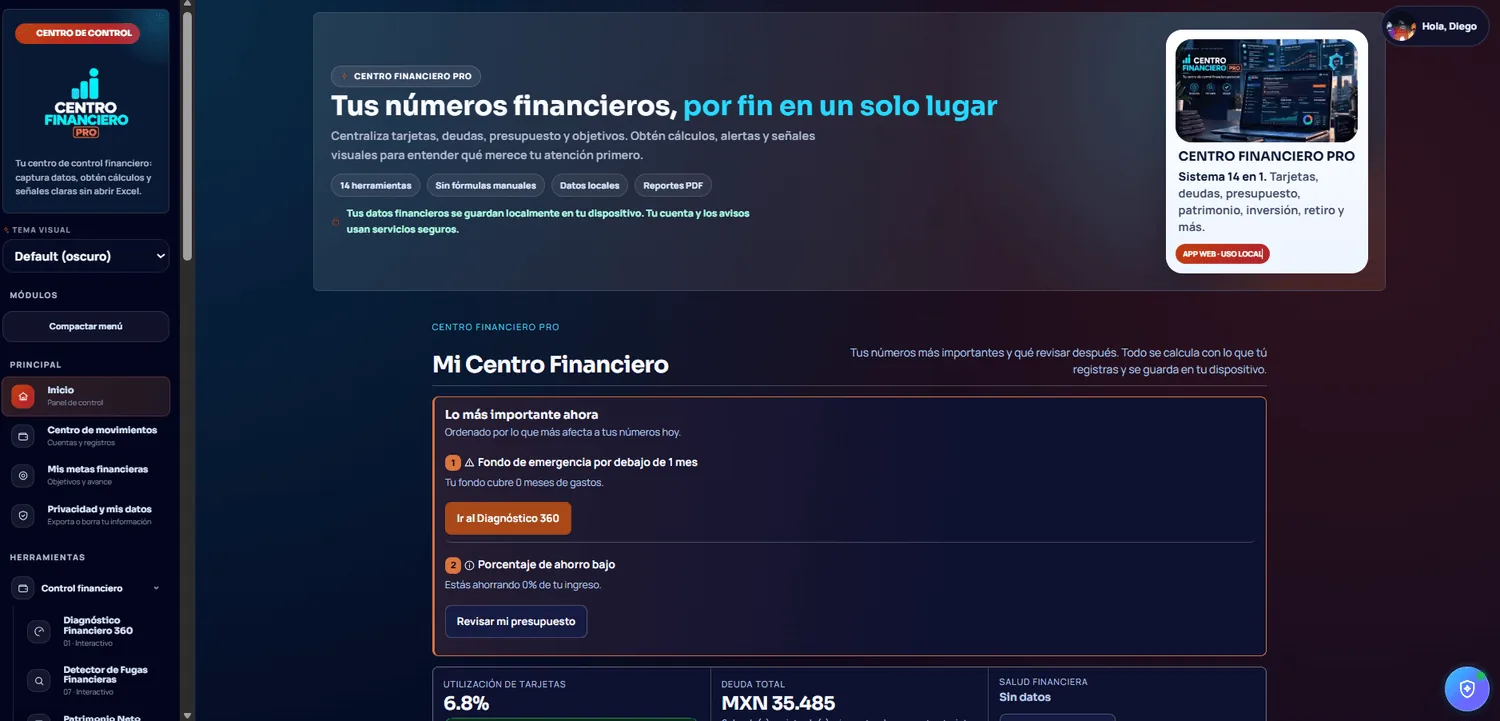 Captura real del panel principal de Centro Financiero PRO